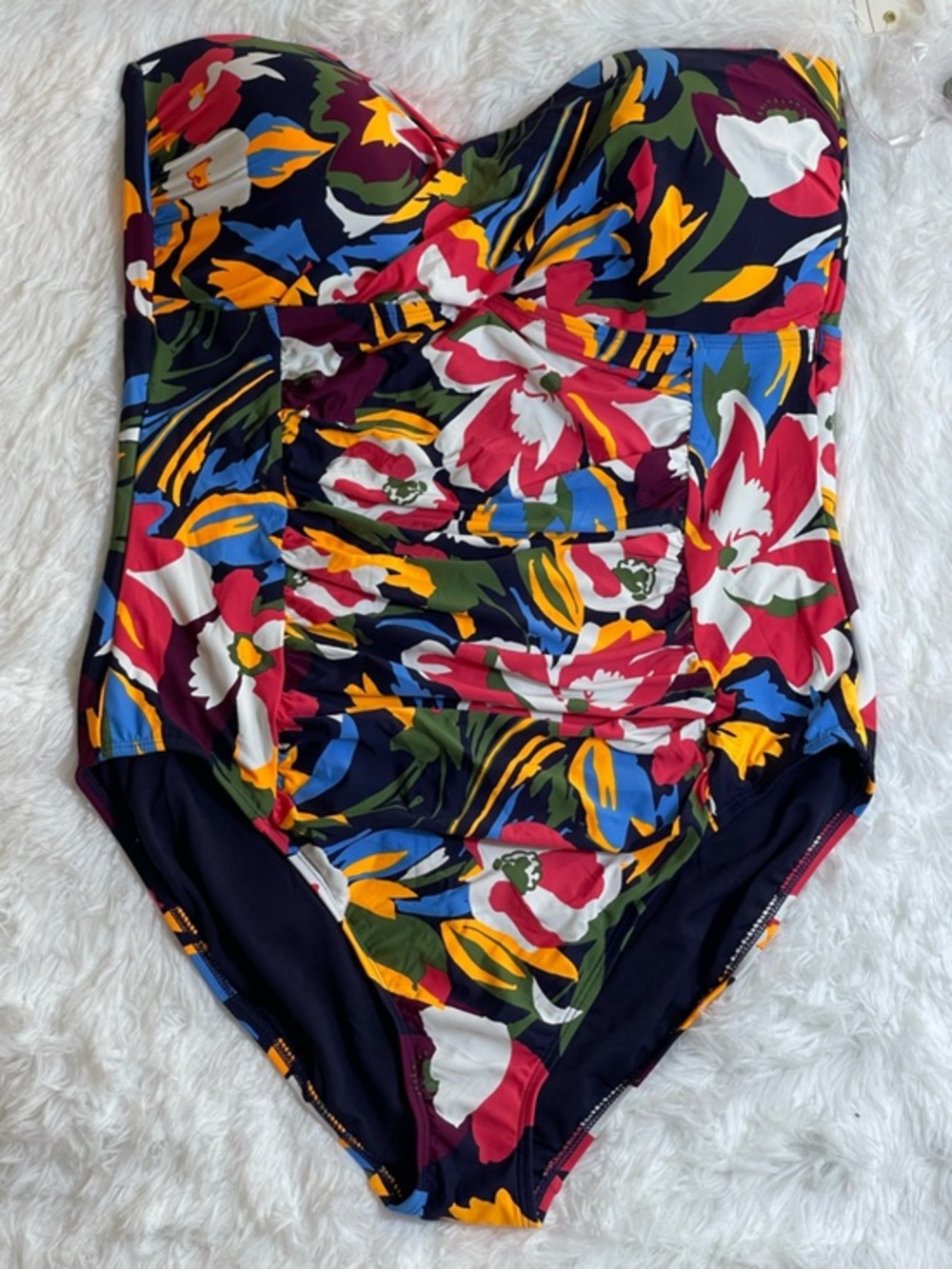 Anne Cole Navy Floral Strapless One-Piece Swimsuit - Multi Color Size 16 NWT